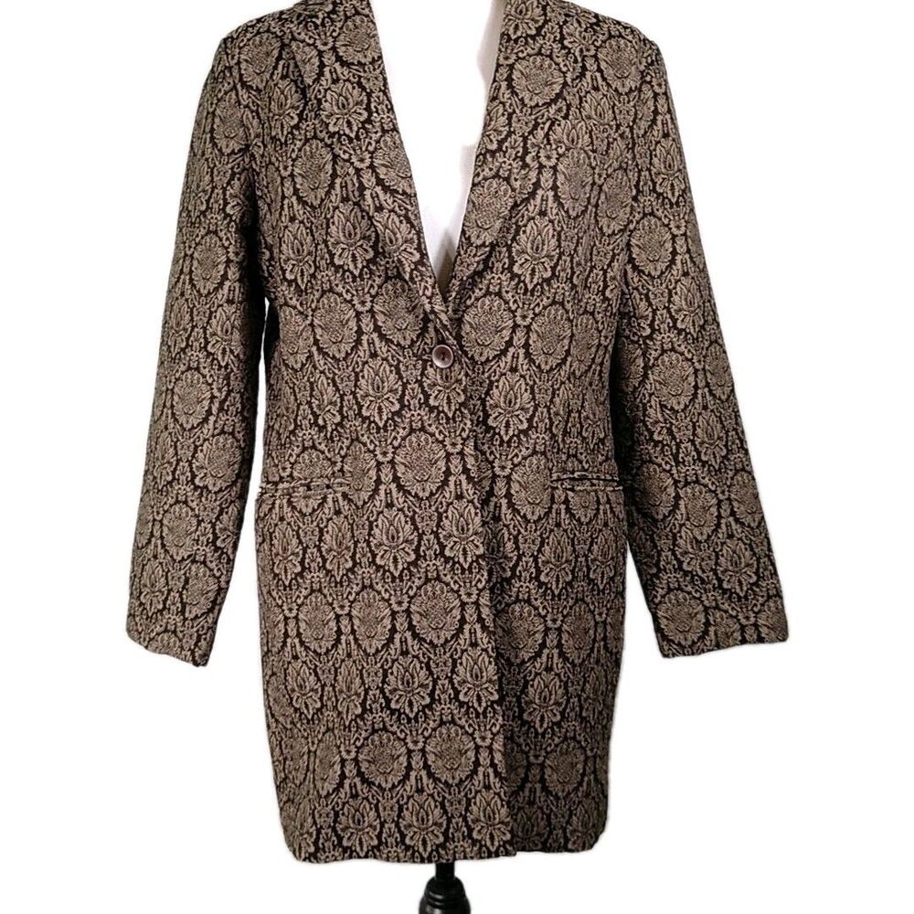 DIALOGUE Demask Jacket Black and Brown Long Sleeve 1 Button Mid Length Sz 10